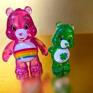 GLITTER CARE BEARS GOOD LUCK BEAR SHAMROCK & CHEER BEAR w/RAINBOW & MOVABLE ARMS